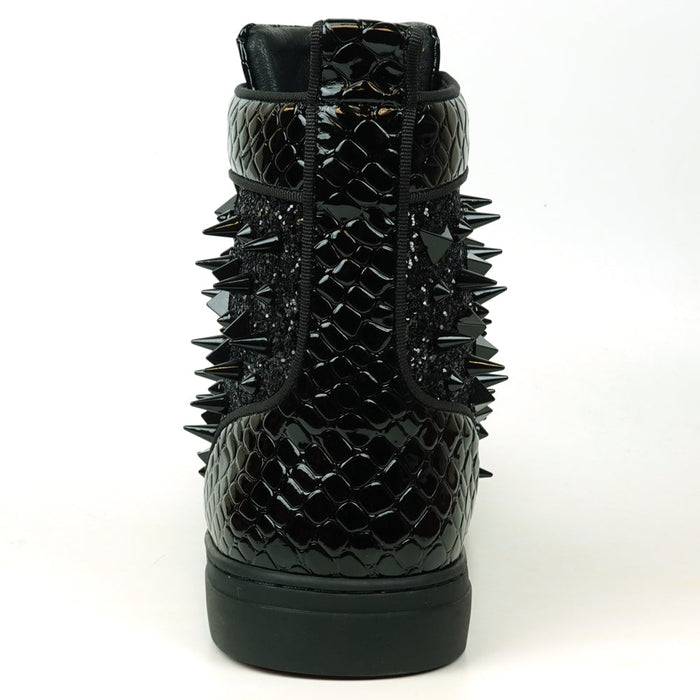 FI-2369 Black Glitter Black Spikes Lace up High top Sneaker Encore by Fiesso